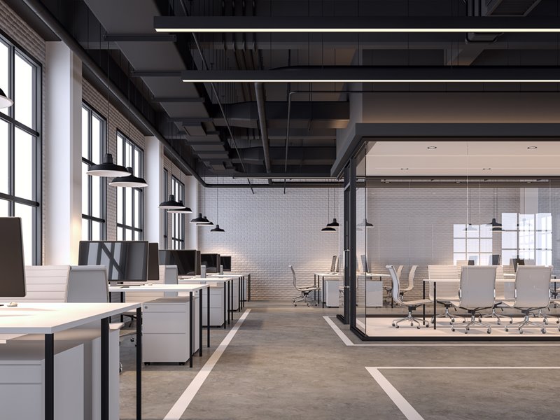 Modern loft style office with white brick wall 3d render commercial