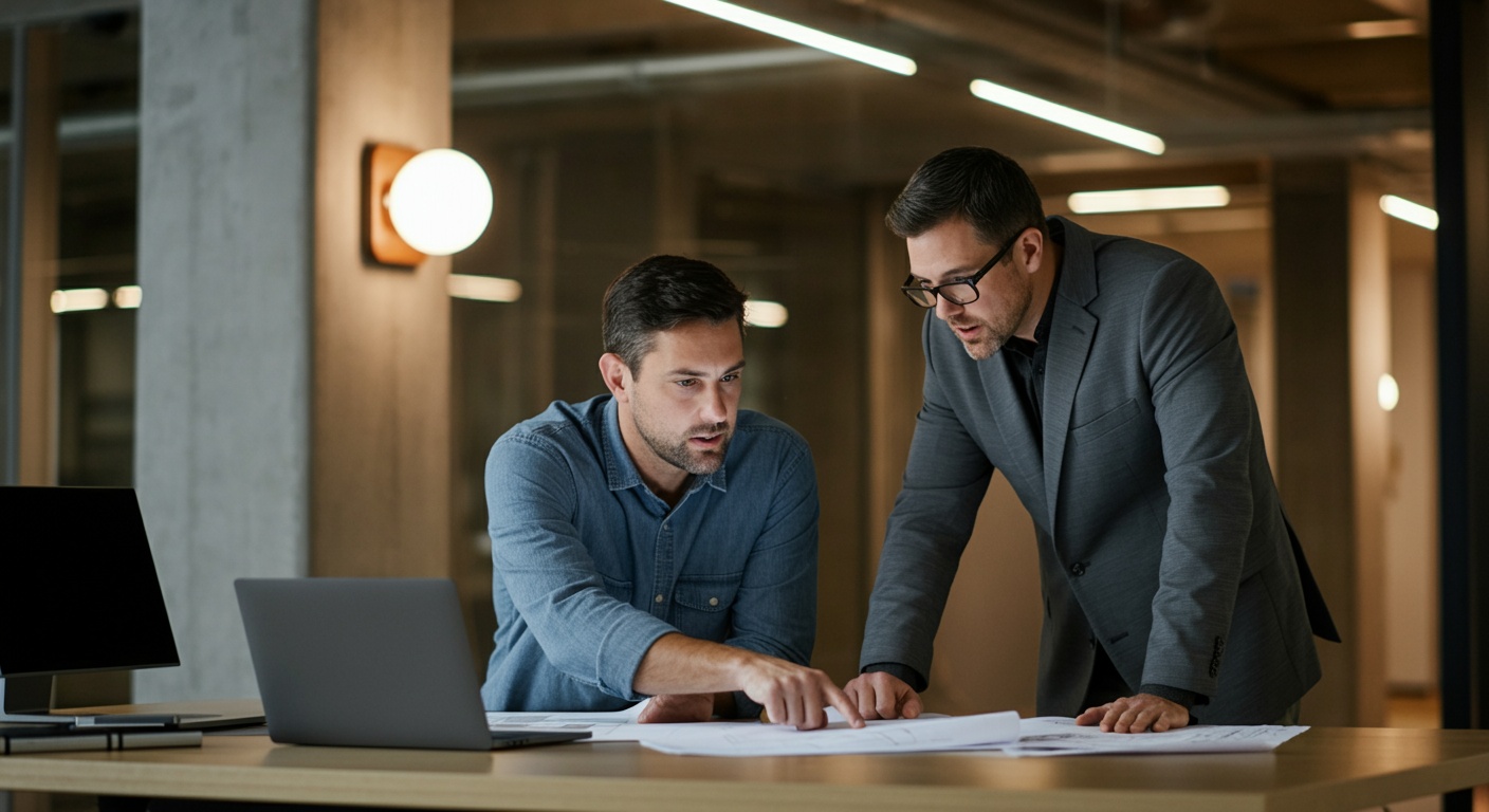 Lighting,Designer,And,Contractor,Looking,At,Laptop,And,Submittals,In